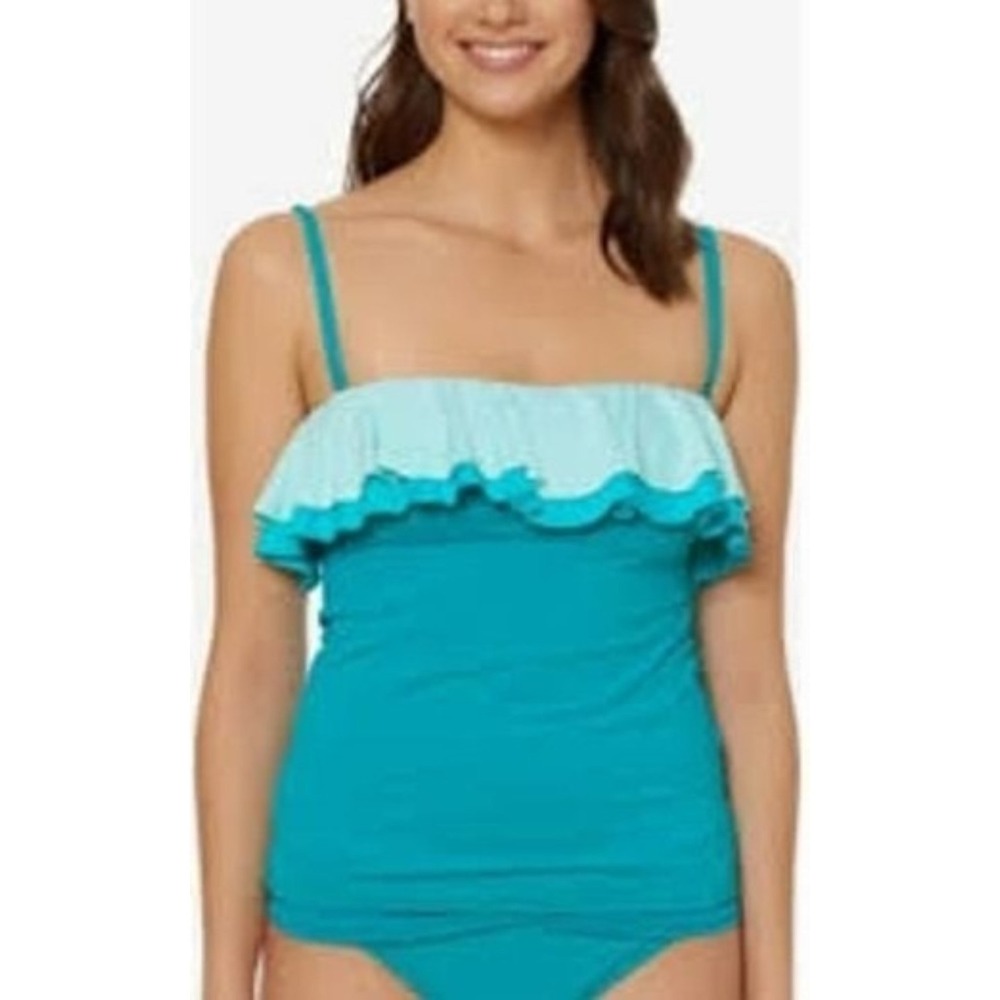 NWT Bleu Rod Beattie 8 Shirred Ruffle Bandeau Tankini Teal Blue 130649